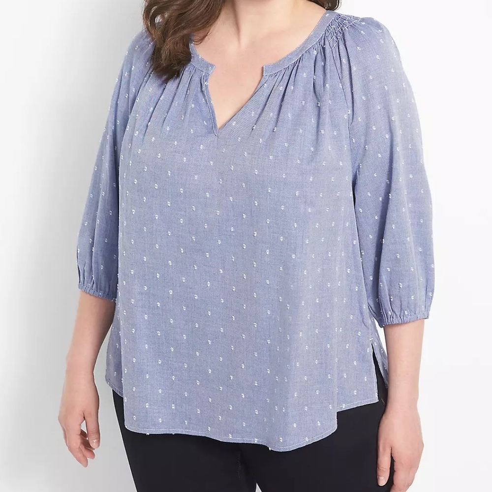 Lane Bryant Classic Split Neck 3/4 Sleeve Smock Blouse Chambray Size 26/28